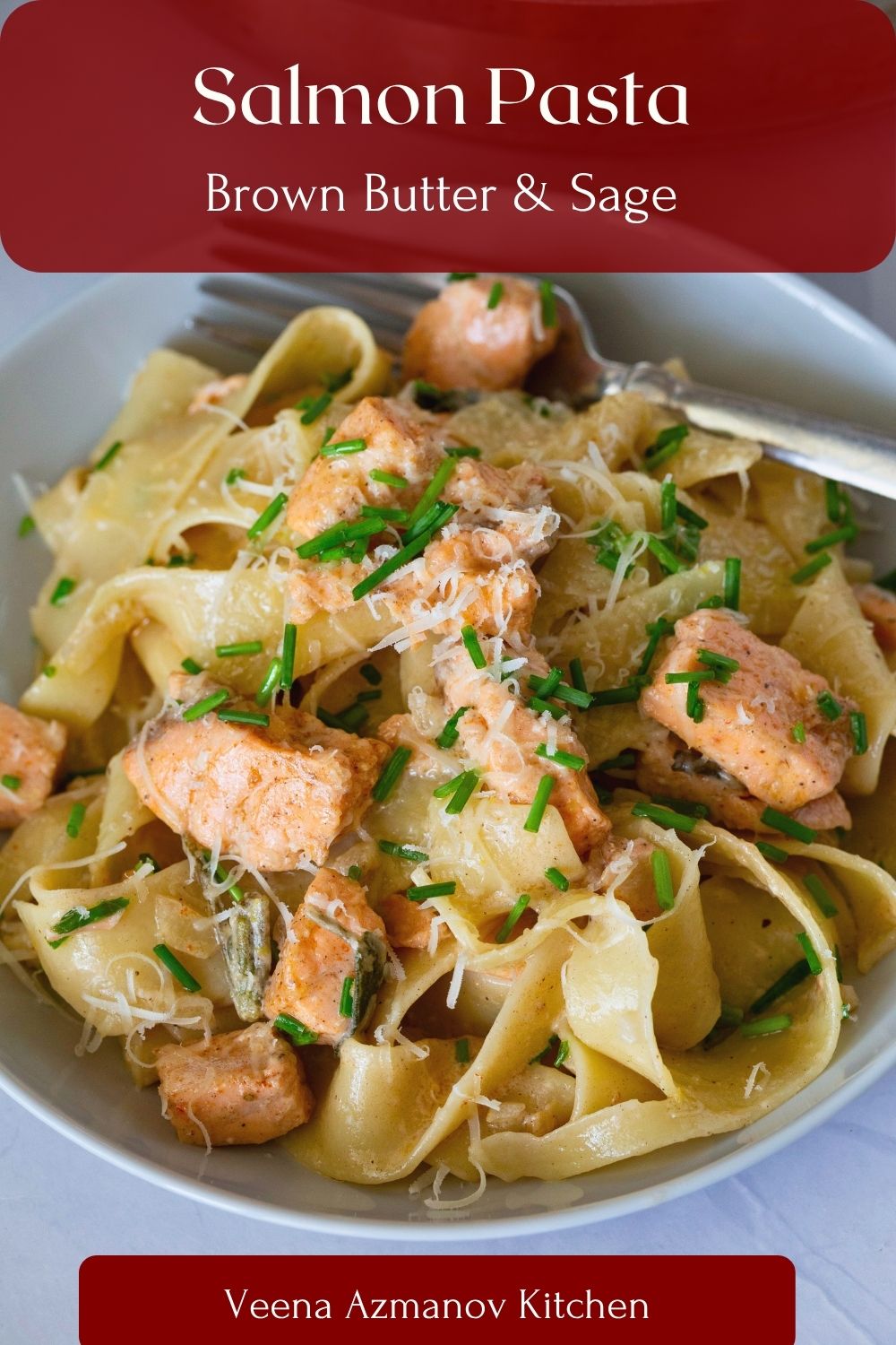 Pinterest image for Salmon Pasta in Brown Butter Sauce.
