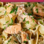 Pinterest image for Salmon Pasta in Brown Butter Sauce.