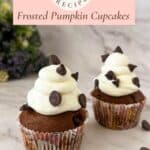 Pinterest image for chocolate chip Pumpkin Cupcakes with No Butter Cream Cheese Frosting.