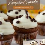 Pinterest image for chocolate chip Pumpkin Cupcakes with No Butter Cream Cheese Frosting.