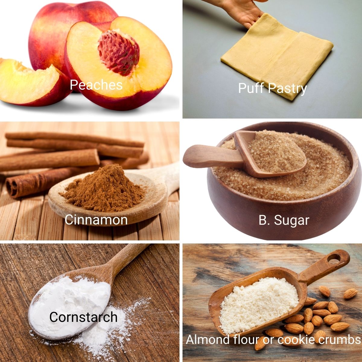 Ingredients for making peach puff pastry.