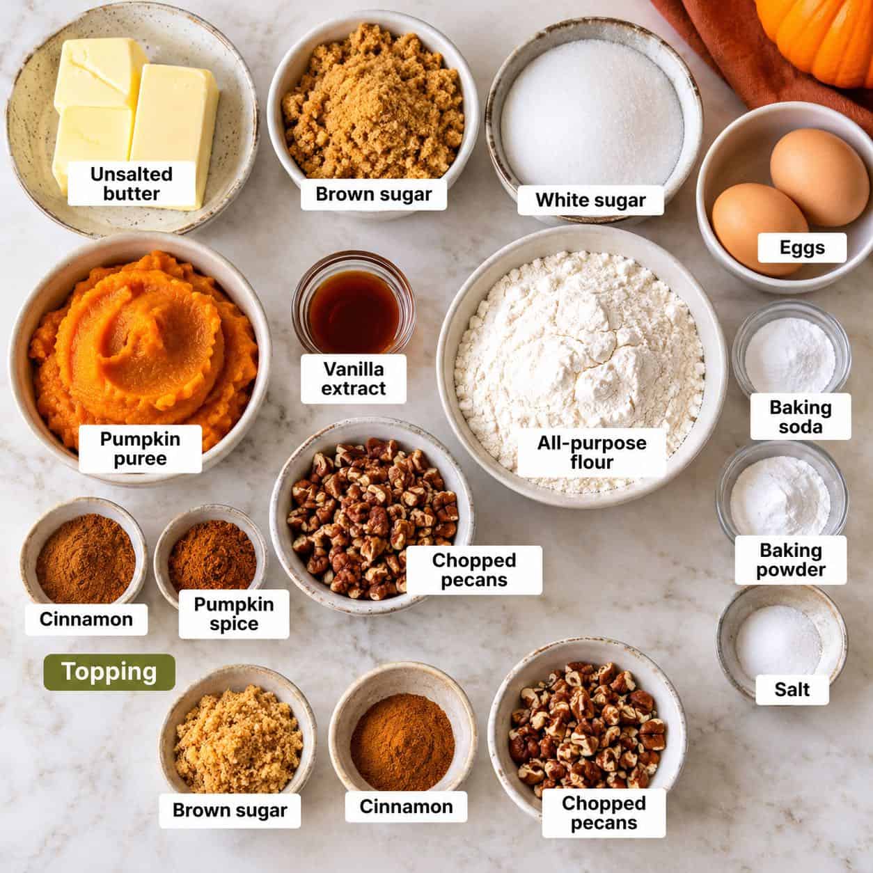 Ingredients for making Brown Butter Pumpkin Muffins.