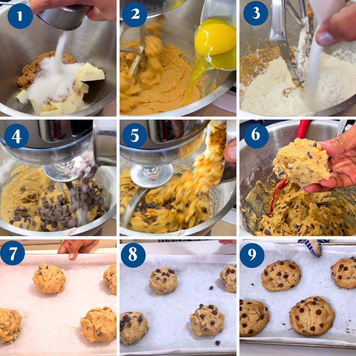 Progress pictures making levain chocolate chip cookies.