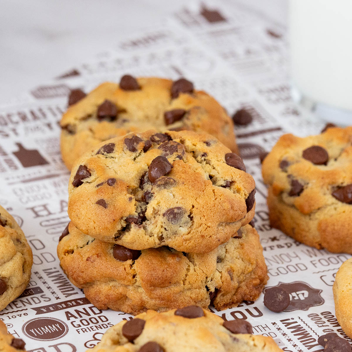 Stack of fresh baked chocolate chip cookies.