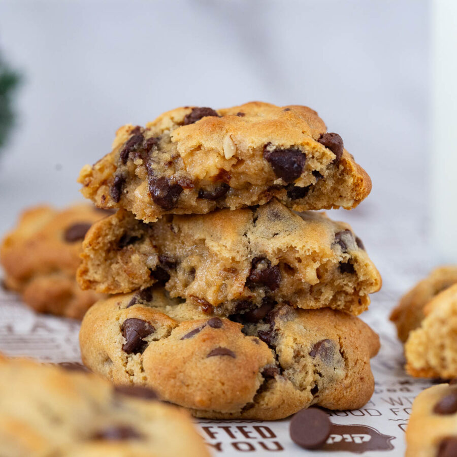 Fresh stacked chocolate chip cookies.