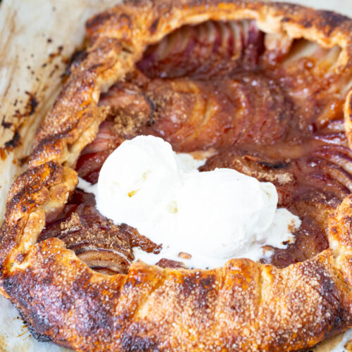Peach galette with vanilla ice cream.
