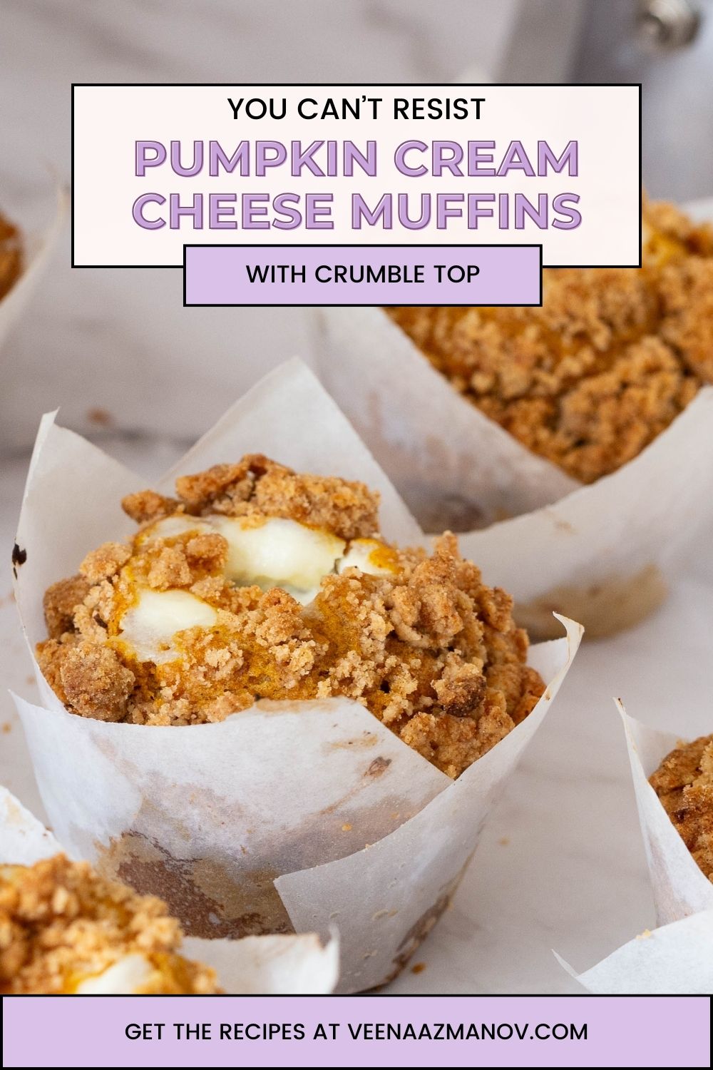 Pinterest image for pumpkin cream cheese muffins with crumble.