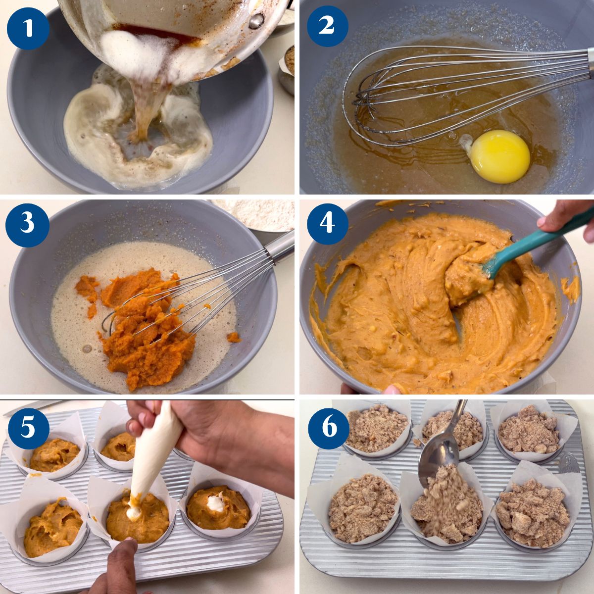 Progress pictures making pumpkin muffin batter.