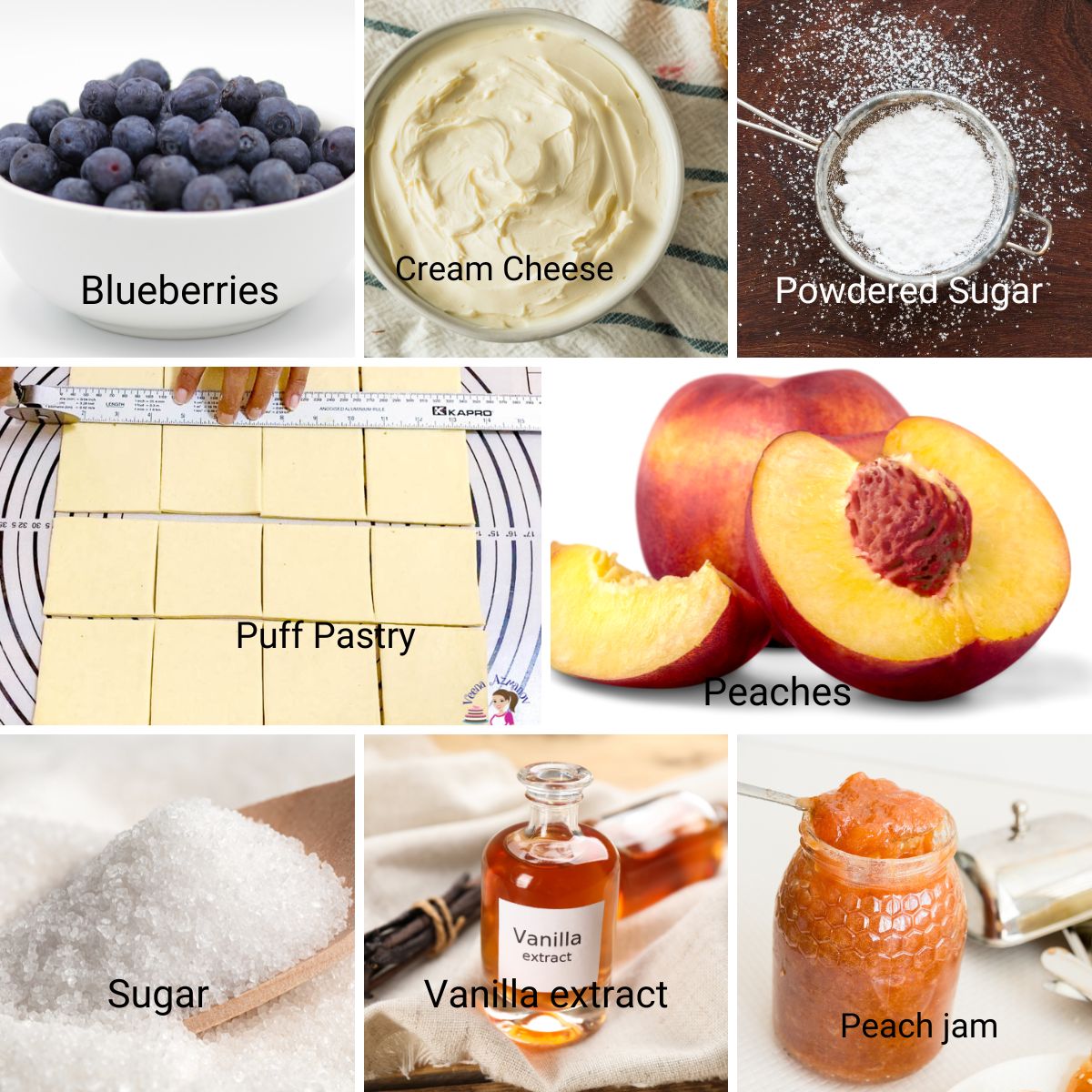 Ingredients for making blueberry peach tarts.