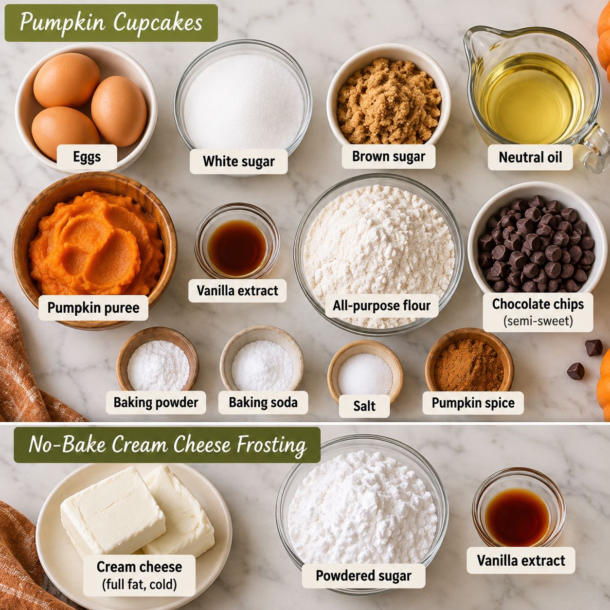 Ingredients for making chocolate chip pumpkin cupcakes.