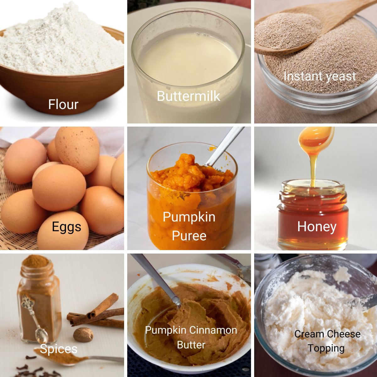 Ingredients for making Cinnamon Pumpkin Rolls.