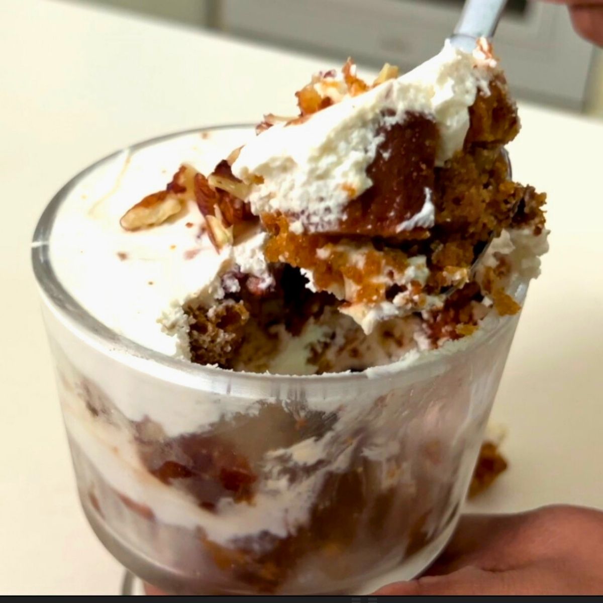 Eating pumpkin trifle in dessert cups.