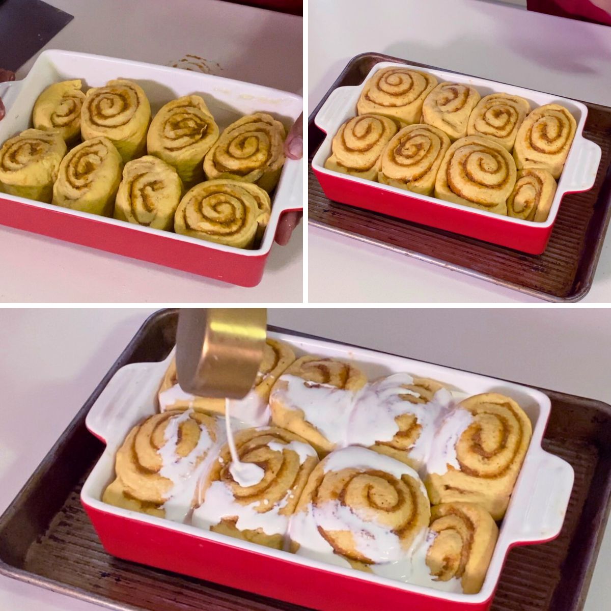 A baking dish with pumpkin cinnamon rolls ready for baking.