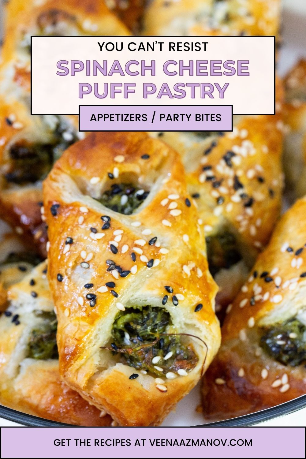 Pinterest image for spinach and cheese puff pastry turnovers.