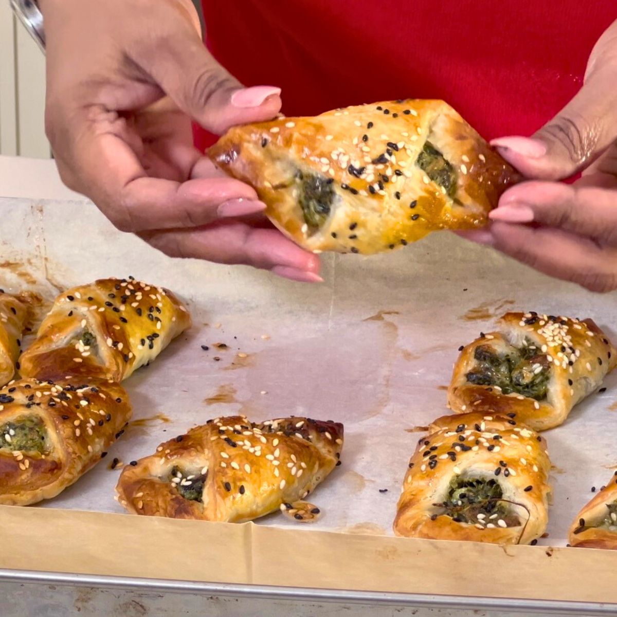 A baking sheet with freshly baked appetizers.