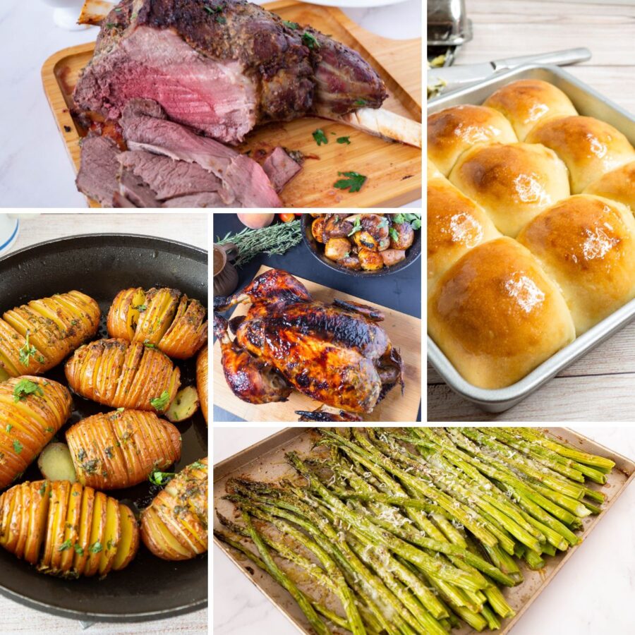 A festive spread of Christmas dinner recipes including roast meats, holiday sides, soups, and seasonal breads.