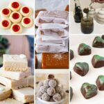Assorted homemade edible gifts including fudge, truffles, spice mixes, and bottled sauces arranged for the holidays.