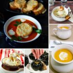A variety of winter soups served in bowls, including creamy vegetable soups, hearty meat soups, and simple broths.