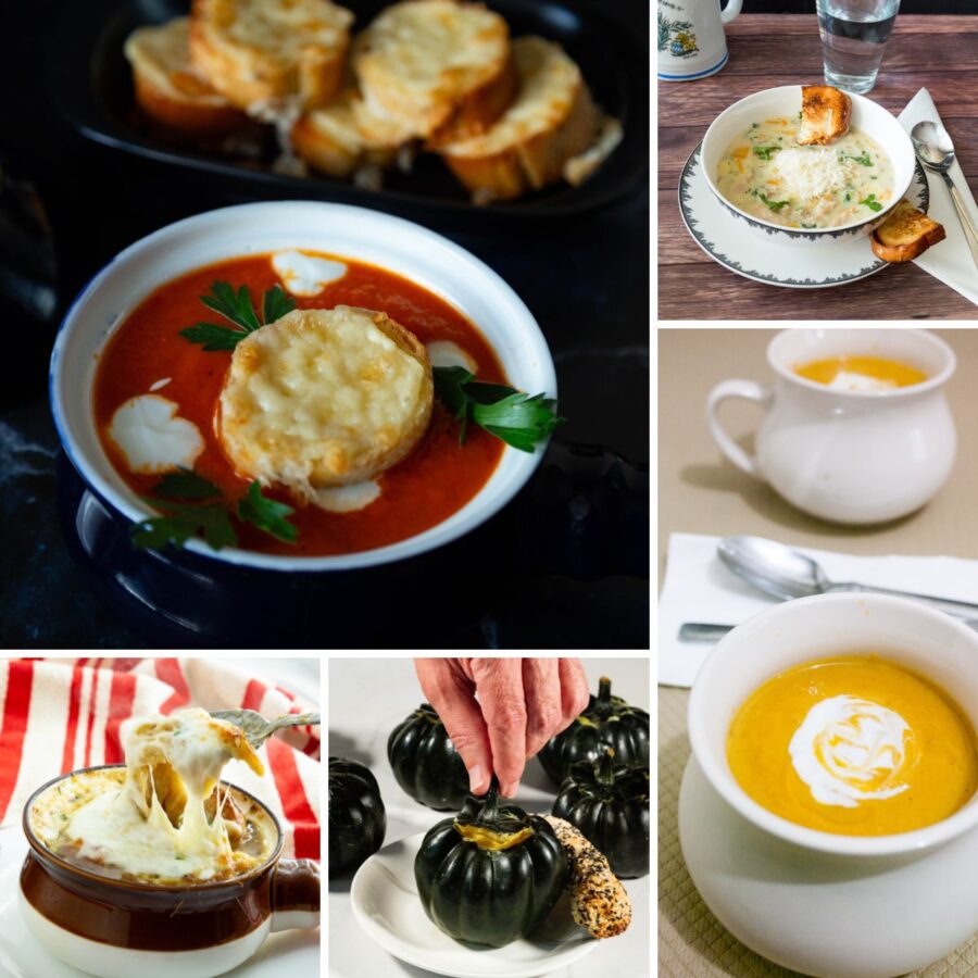 A variety of winter soups served in bowls, including creamy vegetable soups, hearty meat soups, and simple broths.