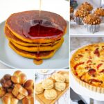 A spread of holiday breakfast and brunch dishes including cinnamon rolls, pancakes, sweet breads, and simple winter bakes.