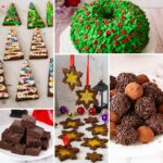 A selection of holiday cakes and festive winter bakes arranged on a table with seasonal decorations.
