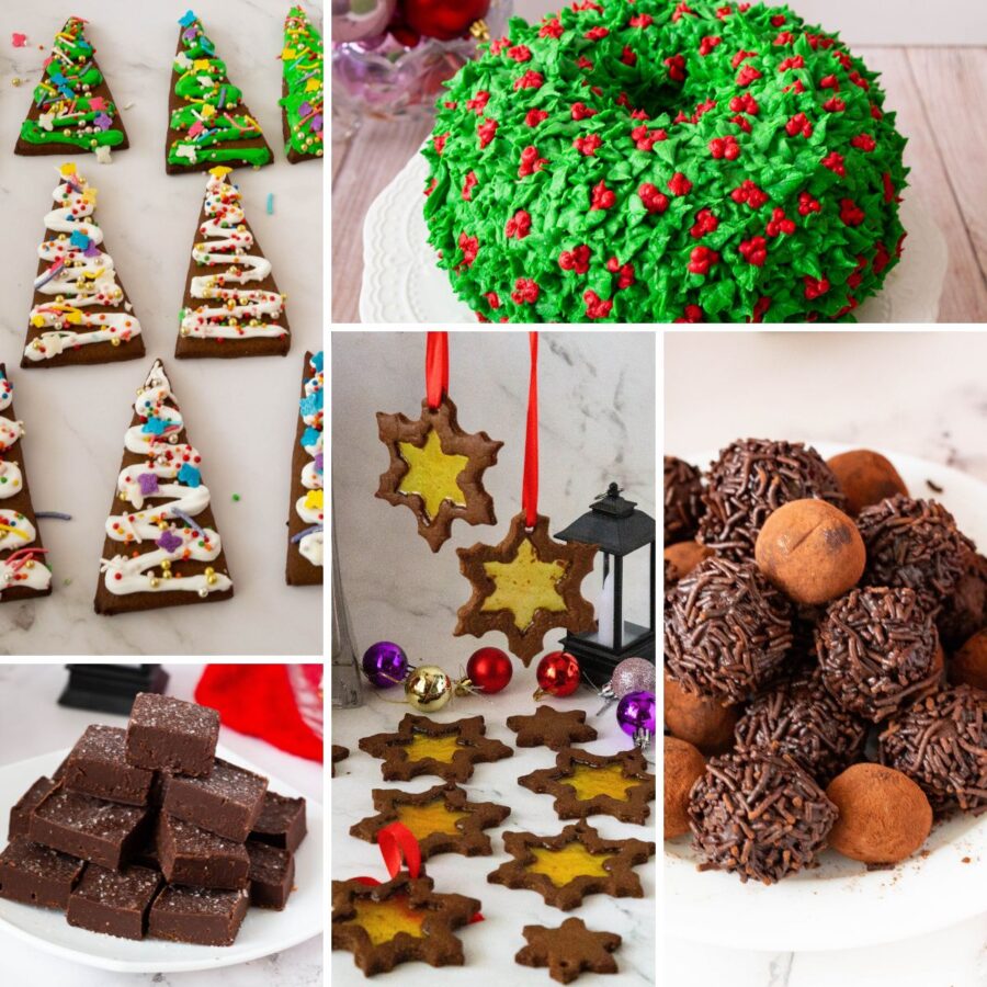 A selection of holiday cakes and festive winter bakes arranged on a table with seasonal decorations.