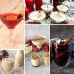 An assortment of holiday drinks including eggnog, mulled wine, hot chocolate, and festive winter cocktails arranged on a holiday table.