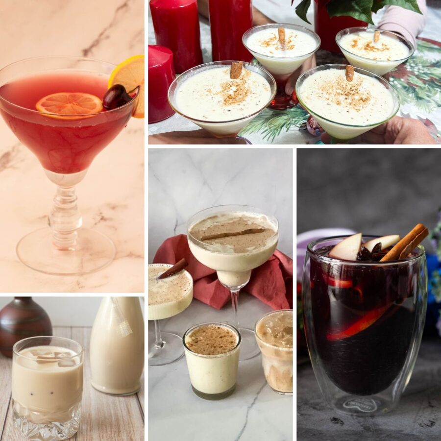 An assortment of holiday drinks including eggnog, mulled wine, hot chocolate, and festive winter cocktails arranged on a holiday table.