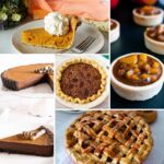 An assortment of holiday pies, tarts, and pastries including apple pie, pecan pie, chocolate tart, and festive puff pastry desserts.