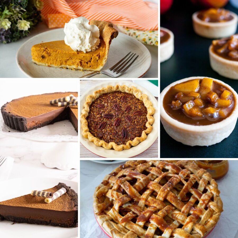 An assortment of holiday pies, tarts, and pastries including apple pie, pecan pie, chocolate tart, and festive puff pastry desserts.