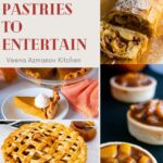 An assortment of holiday pies, tarts, and pastries including apple pie, pecan pie, chocolate tart, and festive puff pastry desserts.
