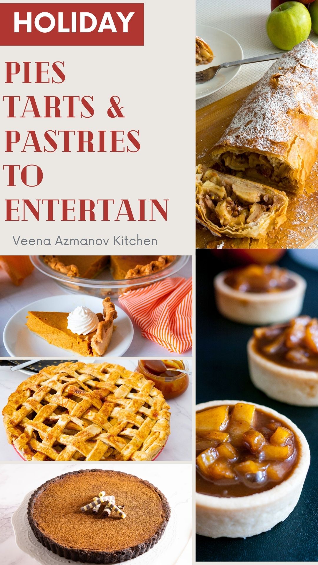 An assortment of holiday pies, tarts, and pastries including apple pie, pecan pie, chocolate tart, and festive puff pastry desserts.