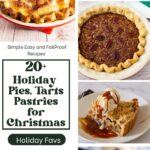 An assortment of holiday pies, tarts, and pastries including apple pie, pecan pie, chocolate tart, and festive puff pastry desserts.
