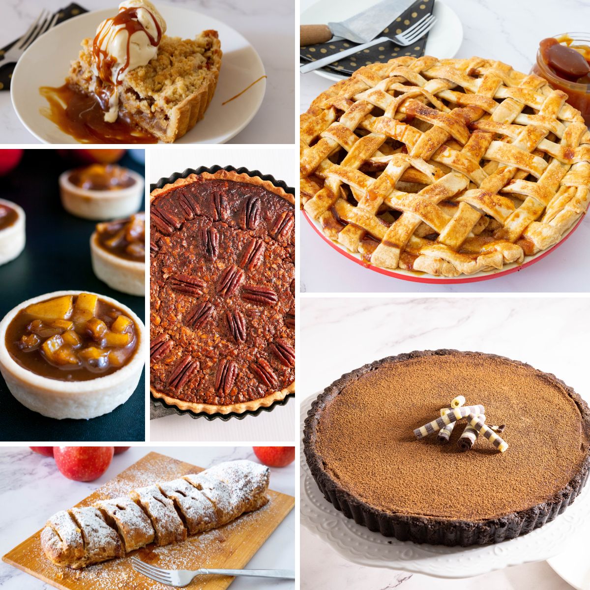 An assortment of holiday pies, tarts, and pastries including apple pie, pecan pie, chocolate tart, and festive puff pastry desserts.