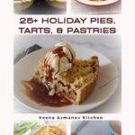 An assortment of holiday pies, tarts, and pastries including apple pie, pecan pie, chocolate tart, and festive puff pastry desserts.