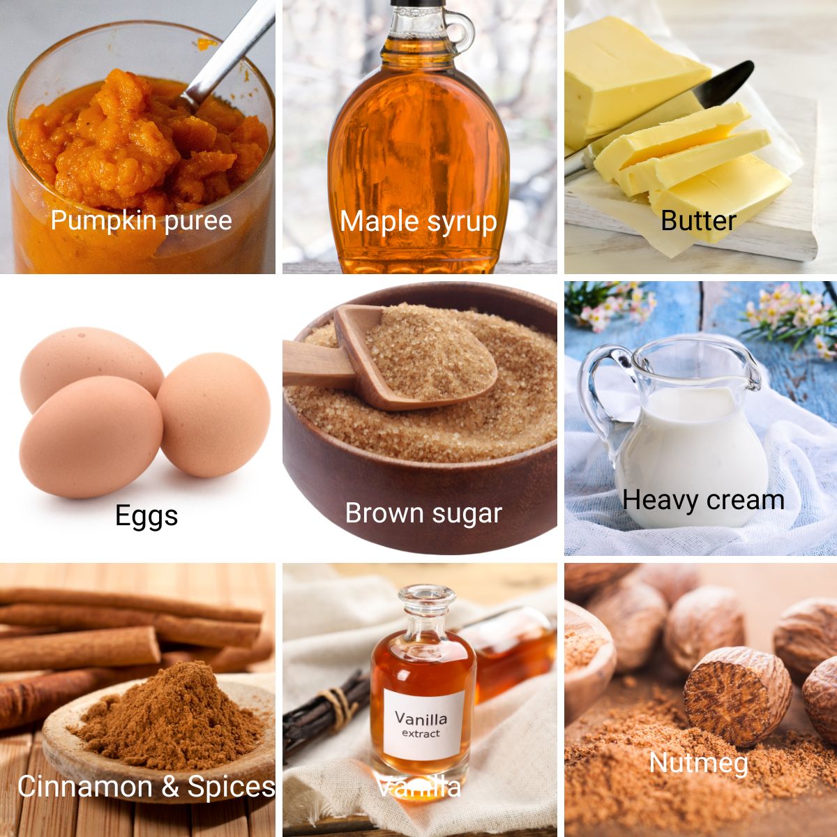 Ingredients for maple pie with pumpkin puree.