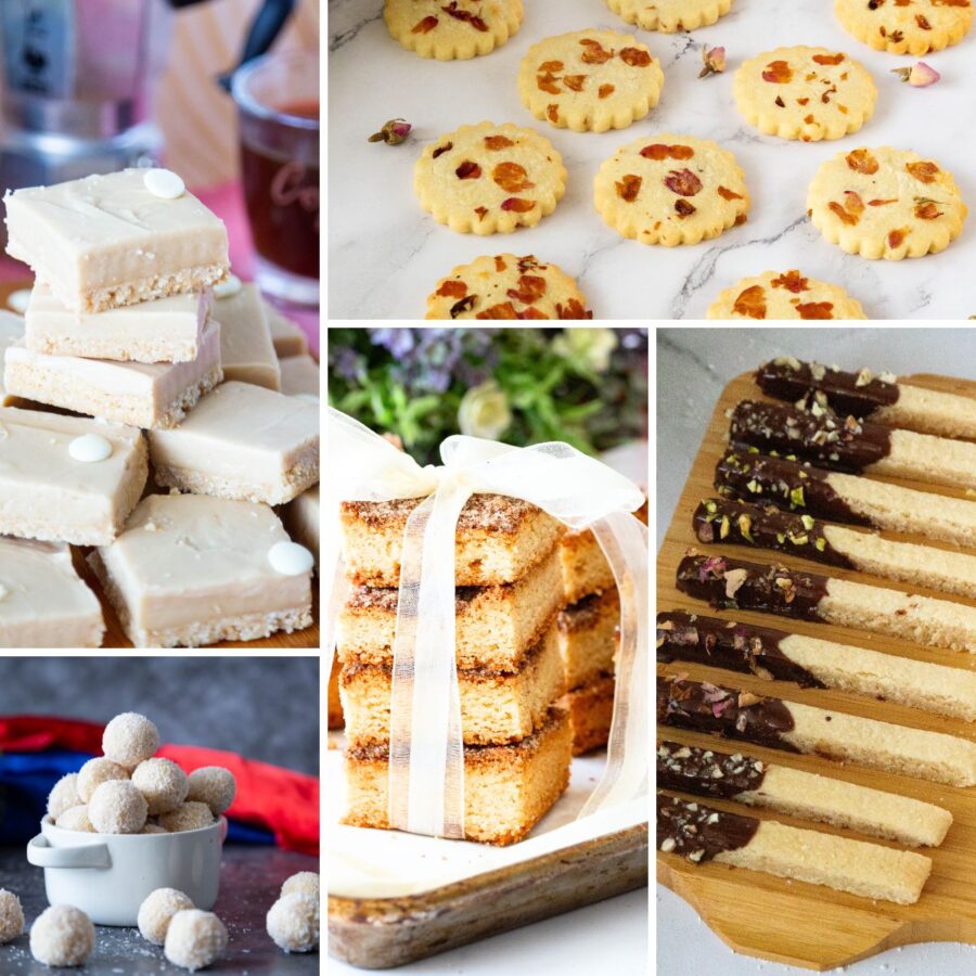 Assorted last-minute Christmas baked goods including cookies, bars, and simple festive cakes on a holiday table.