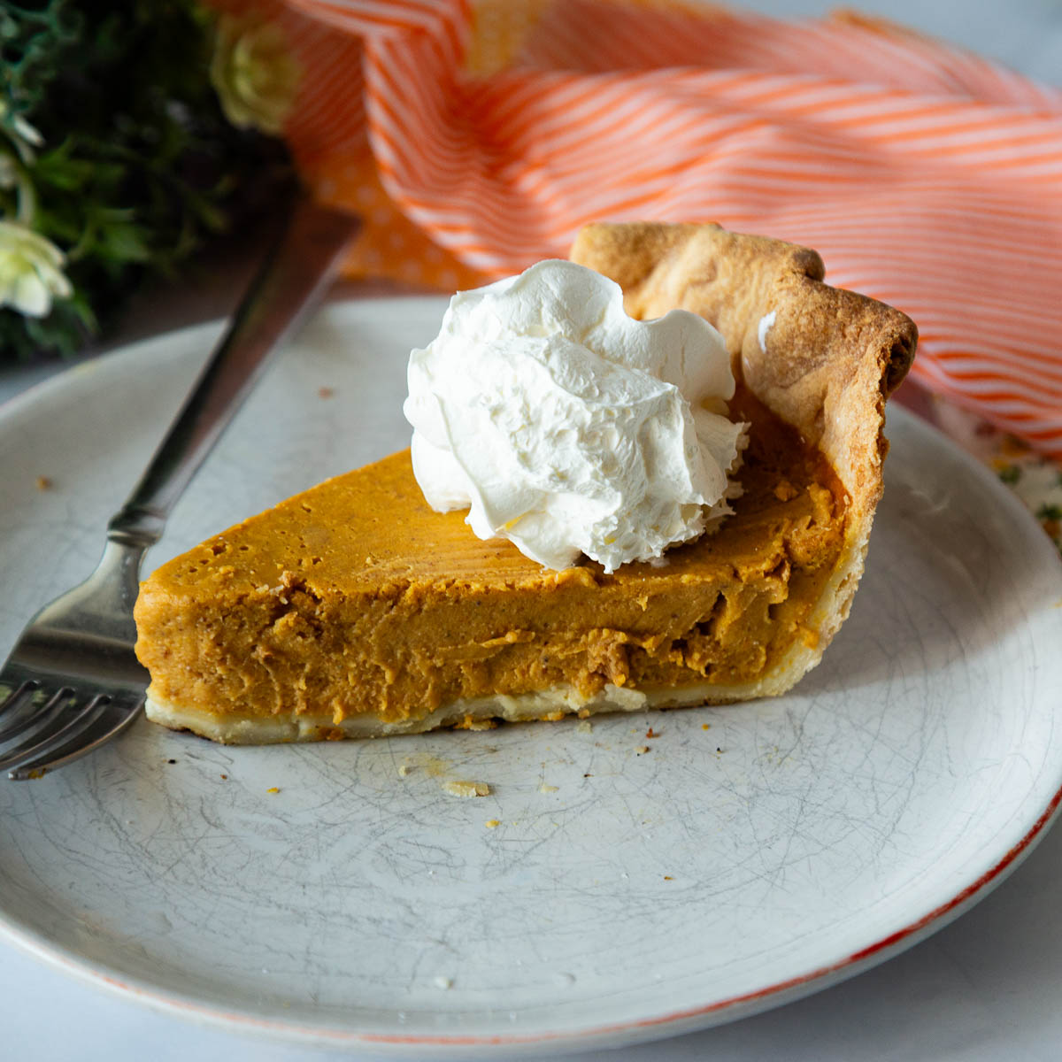 Slice of pumpkin pie on plate.