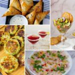 A selection of New Year’s appetizers and festive cocktails arranged on a table for a holiday celebration.