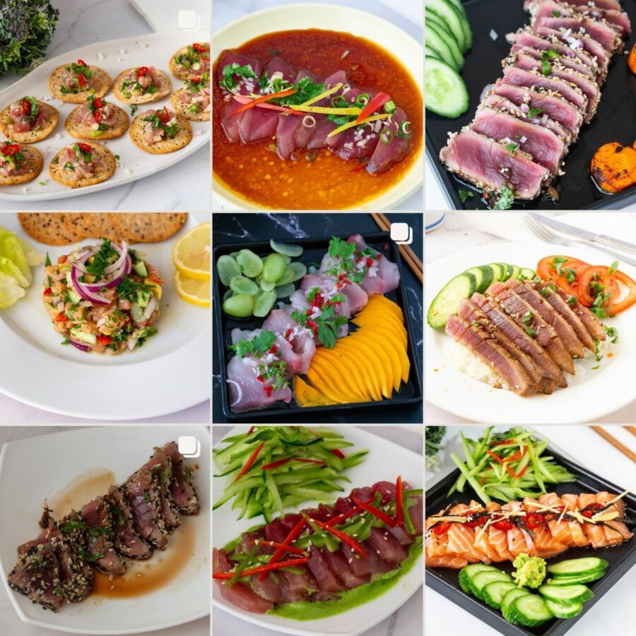 A collage of raw fish and seafood recipes, including sashimi, crudo, carpaccio, ceviche, and poke.