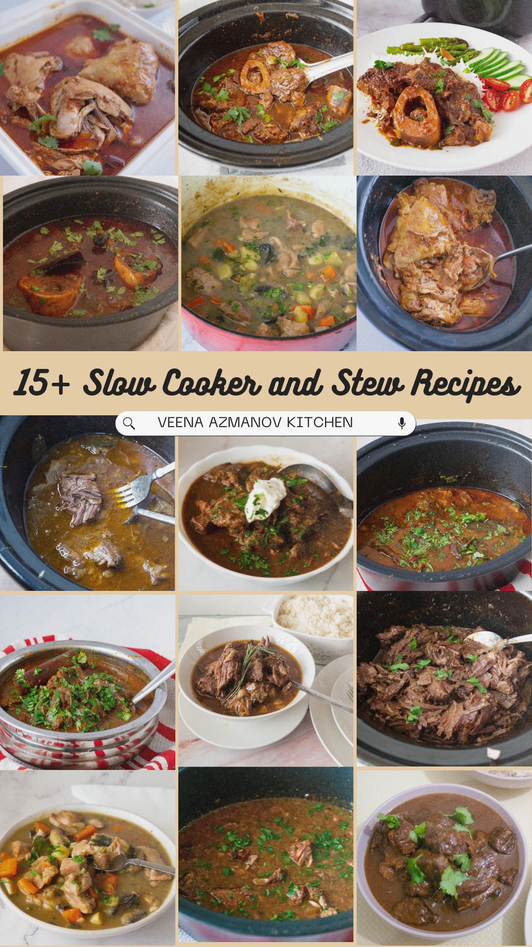 A collage of slow cooker and stew recipes featuring hearty, comforting meals cooked low and slow.