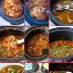 A collage of slow cooker and stew recipes featuring hearty, comforting meals cooked low and slow.