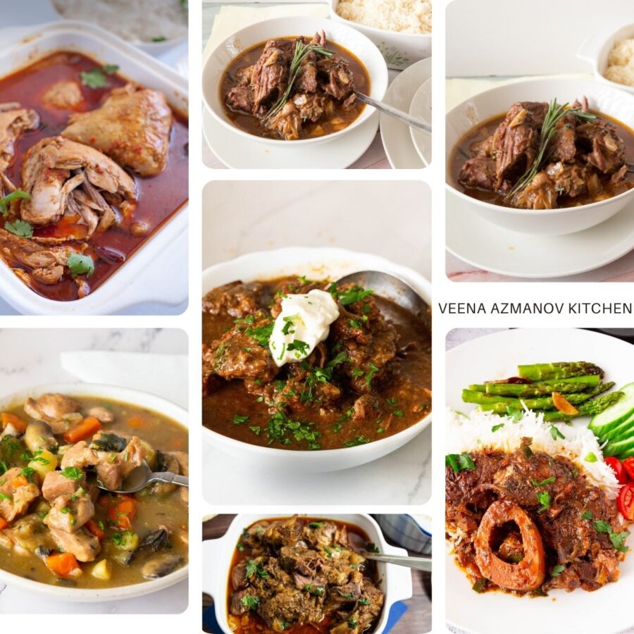 A collage of slow cooker and stew recipes featuring hearty, comforting meals cooked low and slow.