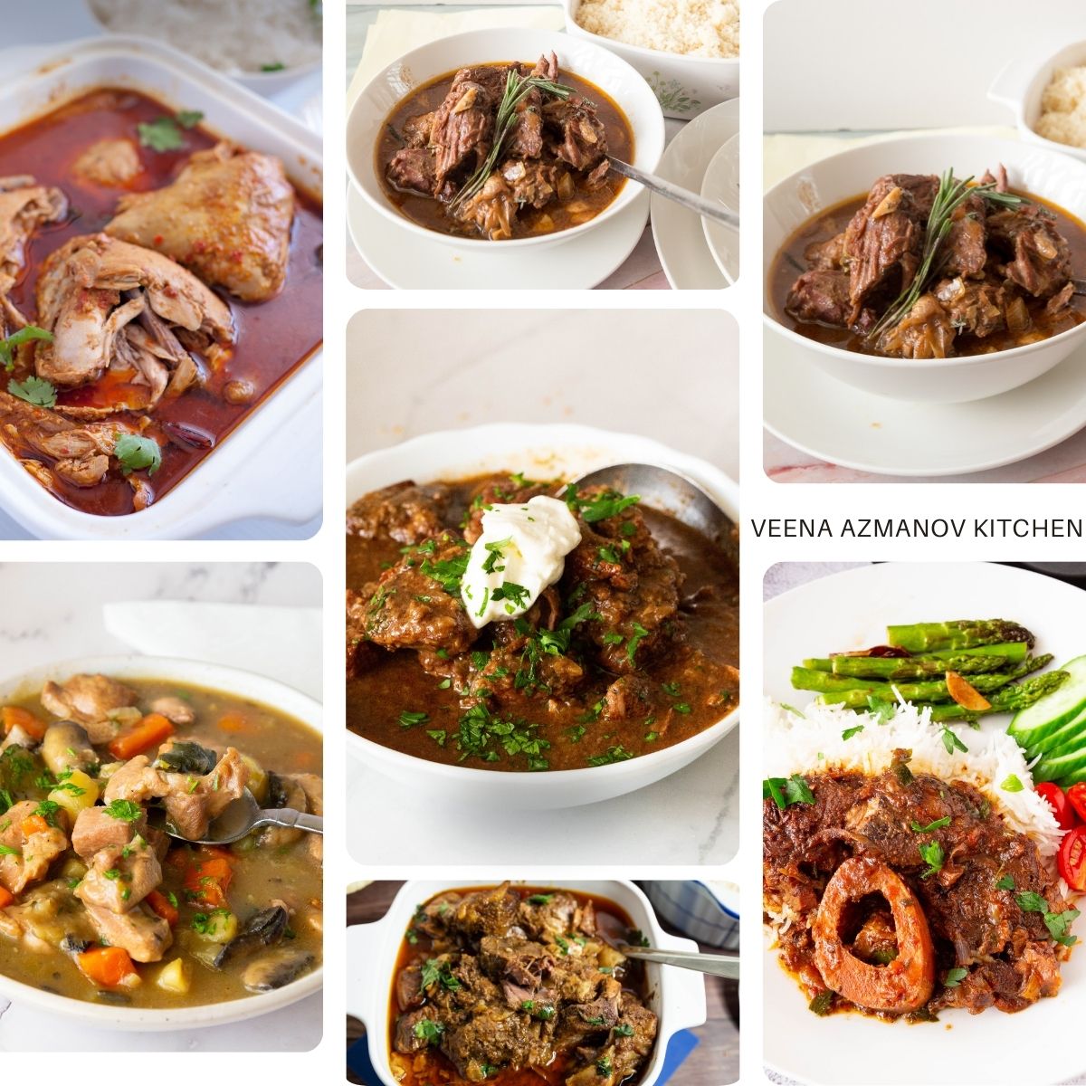 A collage of slow cooker and stew recipes featuring hearty, comforting meals cooked low and slow.