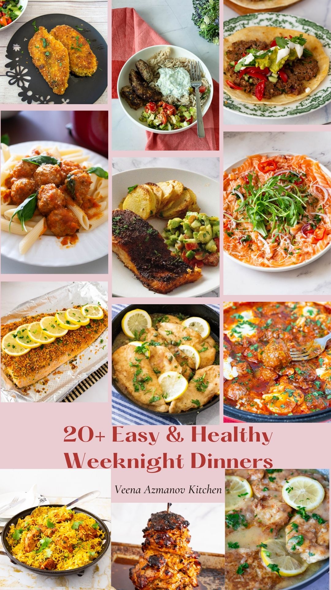 A collage of Healthy weeknight dinner recipes featuring quick, nutritious meals for busy evenings.