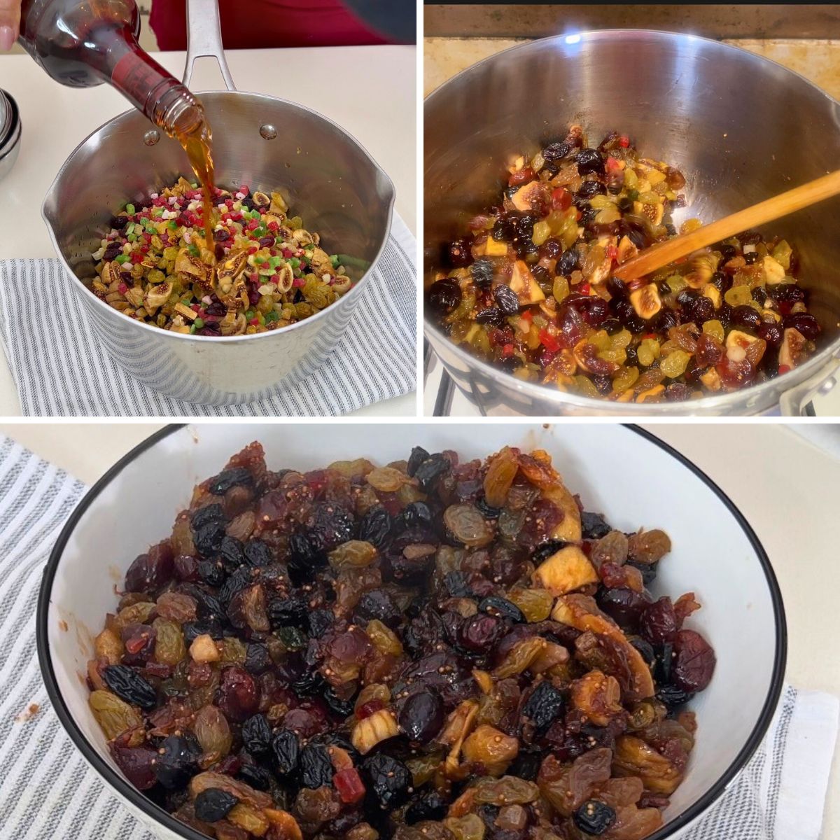 Preparing soaked fruits for the fruitcake.