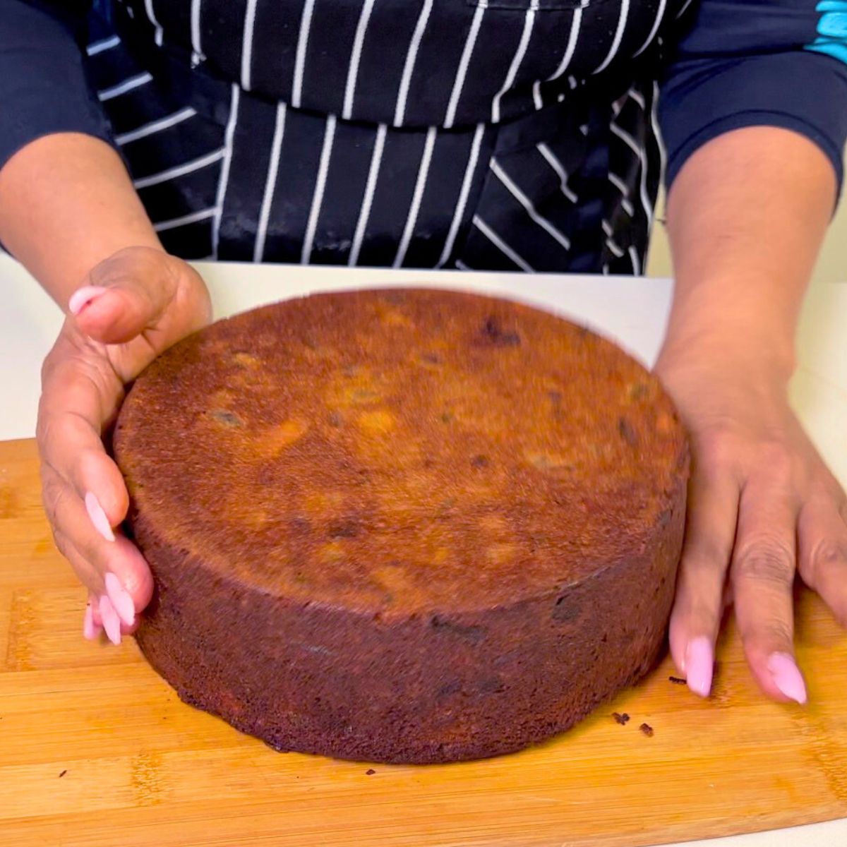 A baked fruitcake ready for frosting.