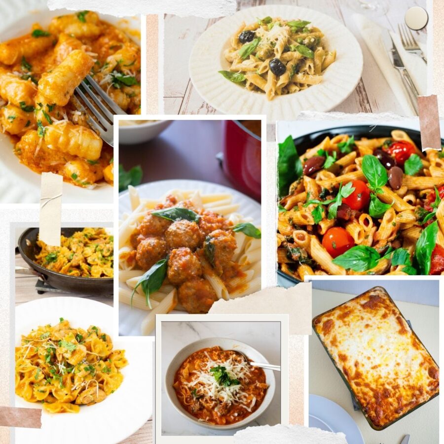 A collage of quick and easy pasta dinner recipes featuring simple, comforting pasta meals.