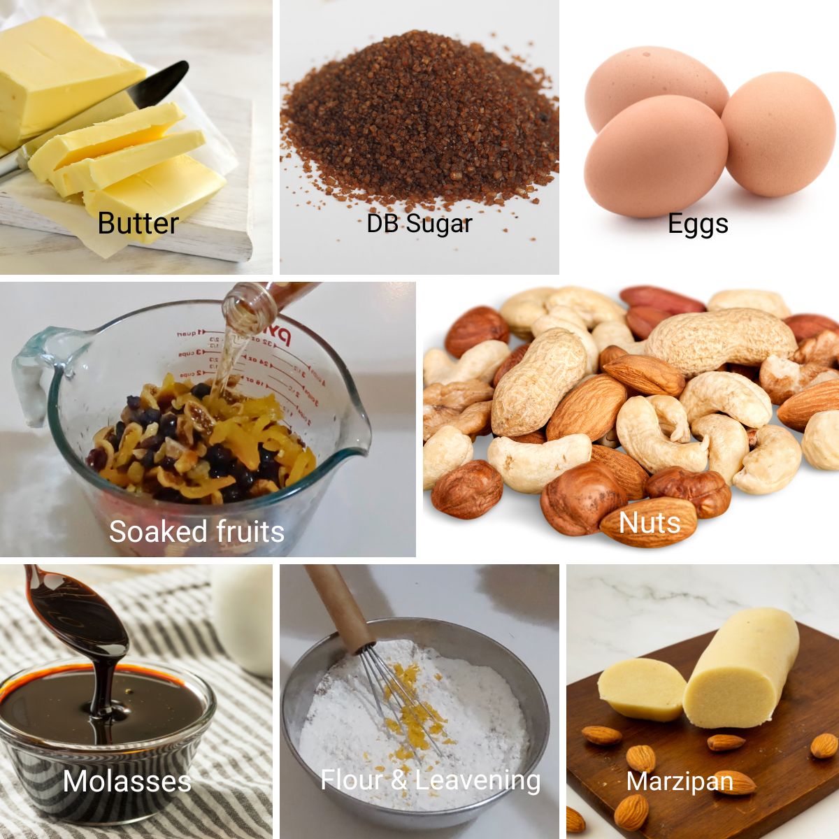 Ingredients collage for making Christmas Fruitcake.