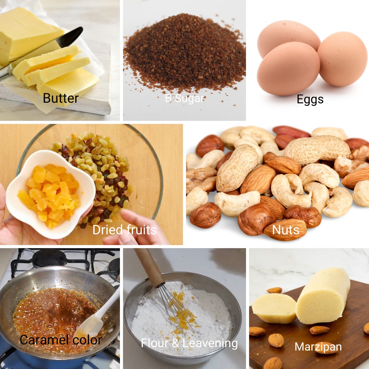 Ingredients collage for making fruitcakes.
